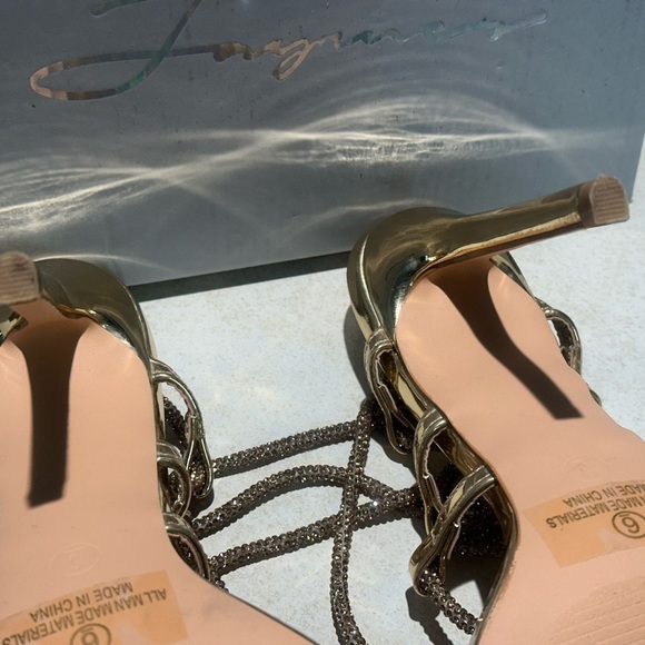 OLIVIA FERGUSON Gold Strappy Sandel Type Wrap Heels Rhinestone Laces Size 6 NWT - Picture 5 of 6